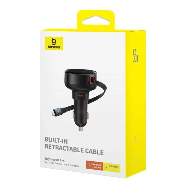 Baseus Enjoyment Pro Car Charger USB-C Port with Built-in Retractable Lightning Cable ,  - Hover
