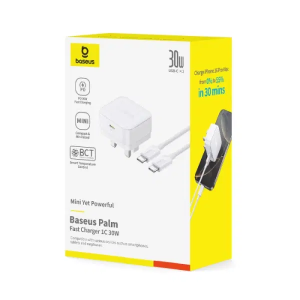 Baseus Palm 30W PD Type-C Fast Charging Wall Charger - UK Plug with Ultra Fast Charging Type-C to Type-C Data Cable 1M ,  - Hover