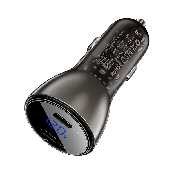 AceFast B10 metal car charger 60W (USB-C + USB-C) with digital display ,  - Hover