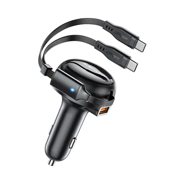 Acefast B13 53W 2-in-1 (2USB-C) car charger with retractable cable ,  - Hover