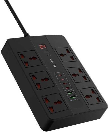 Porodo 6 Socket Power Extension Cord – 6 AC Outlets, 4 USB-C PD (36W), 2 USB-A (24W), 3M Cable (UK Plug, Black) , 