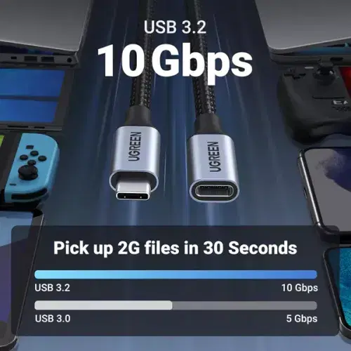 Ugreen Extender Cable USB-C 3.1 Gen2 1m / USB-C Male to USB-C Female / Nylon Braided / 100W / 10GB/s / Ultra HD 4K / Alu Case / US372 - Black ,