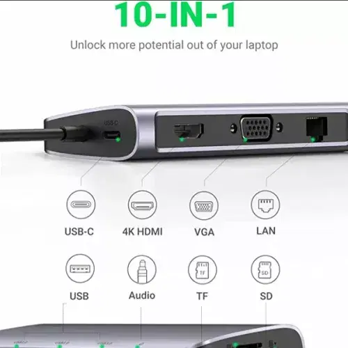 UGREEN USB C Hub 10 in 1 Type C Hub with Ethernet, 4K USB C to HDMI, VGA, PD 100W Power Delivery, 3 USB 3.0 Ports, USB C to 3.5mm, SD/TF Cards Reader Compatible for MacBook Pro/Air M1, Dell, HP, XPS ,