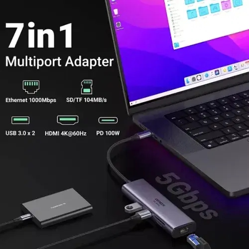 Ugreen 7 in 1 USB-C Hub / Type C Dongle with 4K@60Hz HDMI Port / USB 3.0 x 2 / Gigabit Ethernet / PD 100W / SD-TF Slots / UG-USBC-CM512-7P-MM-ADP - Space Grey ,