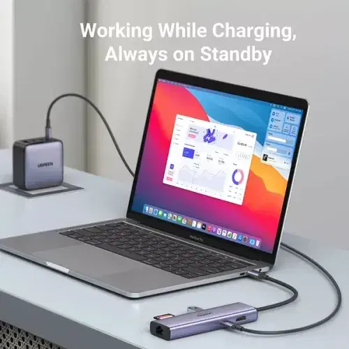 Ugreen 7 in 1 USB-C Hub / Type C Dongle with 4K@60Hz HDMI Port / USB 3.0 x 2 / Gigabit Ethernet / PD 100W / SD-TF Slots / UG-USBC-CM512-7P-MM-ADP - Space Grey ,