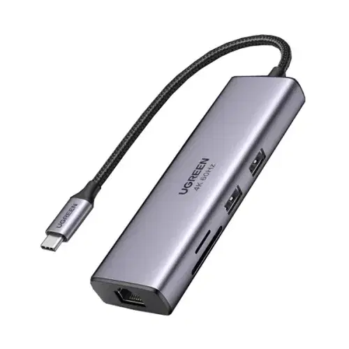 Ugreen 7 in 1 USB-C Hub / Type C Dongle with 4K@60Hz HDMI Port / USB 3.0 x 2 / Gigabit Ethernet / PD 100W / SD-TF Slots / UG-USBC-CM512-7P-MM-ADP - Space Grey ,