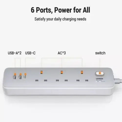 Ugreen 30W 3 AC Power Strip With Master Switch (2A1C) ,