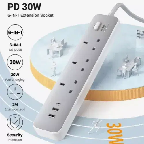 Ugreen 30W 3 AC Power Strip With Master Switch (2A1C) ,