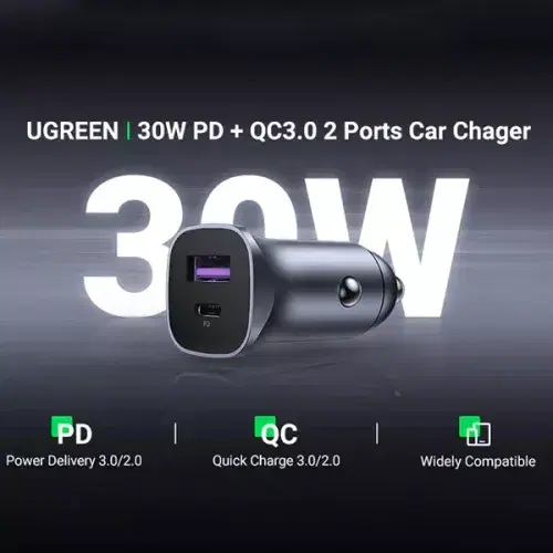 Ugreen Car Charger 30W USB-A + USB-C Dual Port Car PD 3.0/QC 3.0 Charger (UG-CC-DUAL-CD130-30W-GRY) - Grey ,