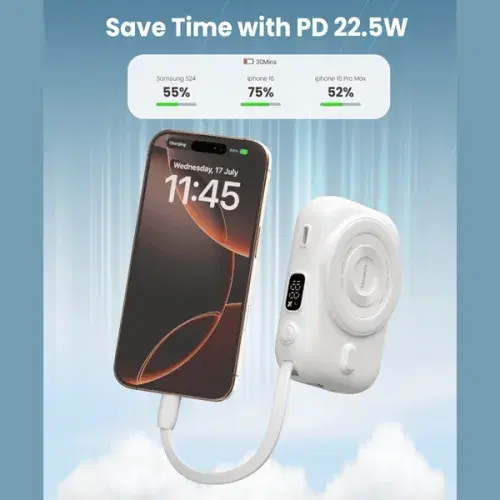 Moxedo Snap-On Wireless Charging Power Bank 8000mAh 15W PD Fast Charging Portable Charger with Built-in USB-C Cable - White ,