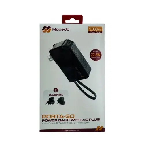 Moxedo Porta-Go 5,000 mAh 22.5W Power Bank with Built-in Foldable Interchangeable AC Plug, USB-C Cable and Included 2 Travel Adapters ,