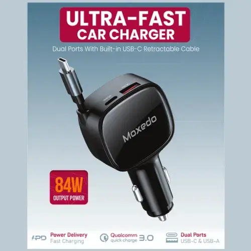 Moxedo Car Charger 84W Output Power QC 3.0 PPS USB-C & USB-A with Built-in Retractable USB-C Cable ,