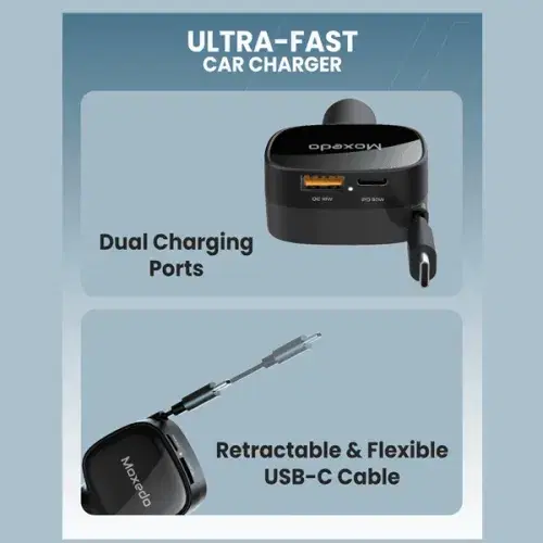 Moxedo Car Charger 84W Output Power QC 3.0 PPS USB-C & USB-A with Built-in Retractable USB-C Cable ,