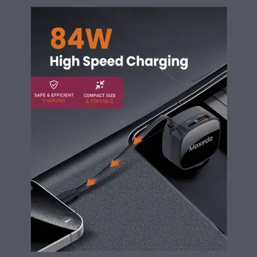 Moxedo Car Charger 84W Output Power QC 3.0 PPS USB-C & USB-A with Built-in Retractable USB-C Cable ,