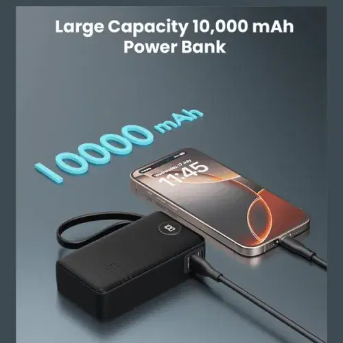 Moxedo Porta-Go+ Power Bank 10000 mAh 1 USB-C/ 1 USB-A Ports with Built-in USB-C Cable PD Fast Charging ,