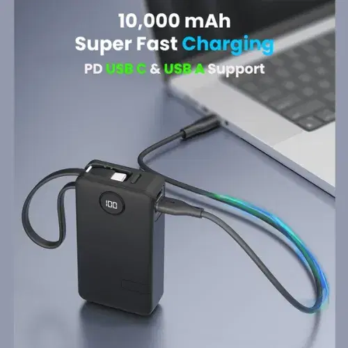 Moxedo Porta-Go+ Power Bank 10000 mAh 1 USB-C/ 1 USB-A Ports with Built-in USB-C Cable PD Fast Charging ,