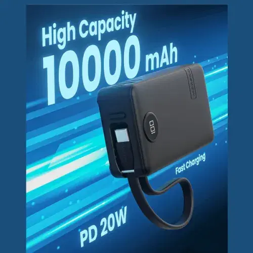 Moxedo Porta-Go+ Power Bank 10000 mAh 1 USB-C/ 1 USB-A Ports with Built-in USB-C Cable PD Fast Charging ,