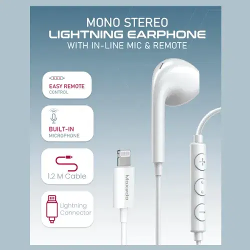 Moxedo Mono Stereo Earphone Lightning Connector Earphone In-Line Remote, Built-in Microphone , White