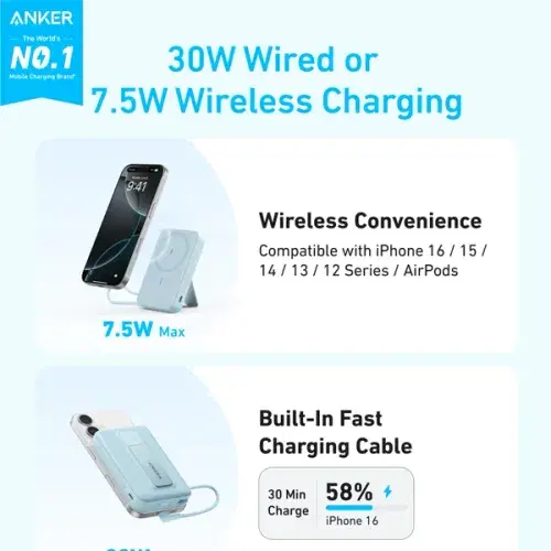 Anker Zolo 10000mAh 30W Magnetic Wireless Power Bank With USB C Cable  A1685H11 ,