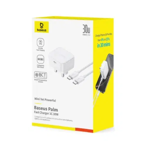 Baseus Palm 30W PD Type-C Fast Charging Wall Charger - UK Plug with Ultra Fast Charging Type-C to Type-C Data Cable 1M ,