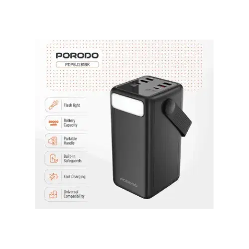 Porodo Lara 50000mAh Power Bank – 20W PD Fast Charging, Built-in Cables, Flashlight & Handle (Black) ,