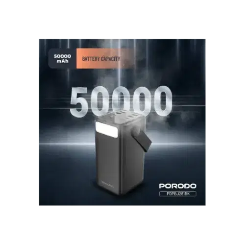 Porodo Lara 50000mAh Power Bank – 20W PD Fast Charging, Built-in Cables, Flashlight & Handle (Black) ,
