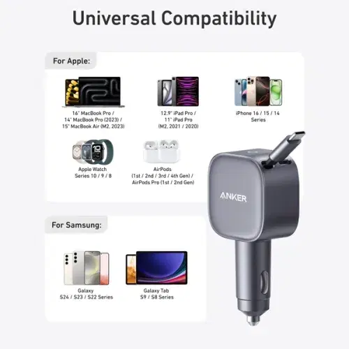 Anker Nano Car Charger with Built-in Retractable USB-C Cable A2838HA1 , Gray