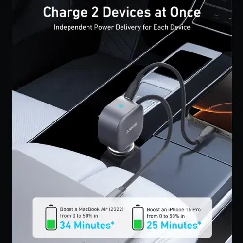 Anker Nano Car Charger with Built-in Retractable USB-C Cable A2838HA1 , Gray