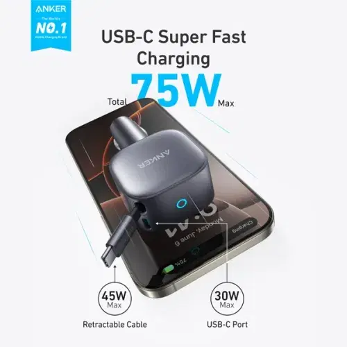 Anker Nano Car Charger with Built-in Retractable USB-C Cable A2838HA1 , Gray